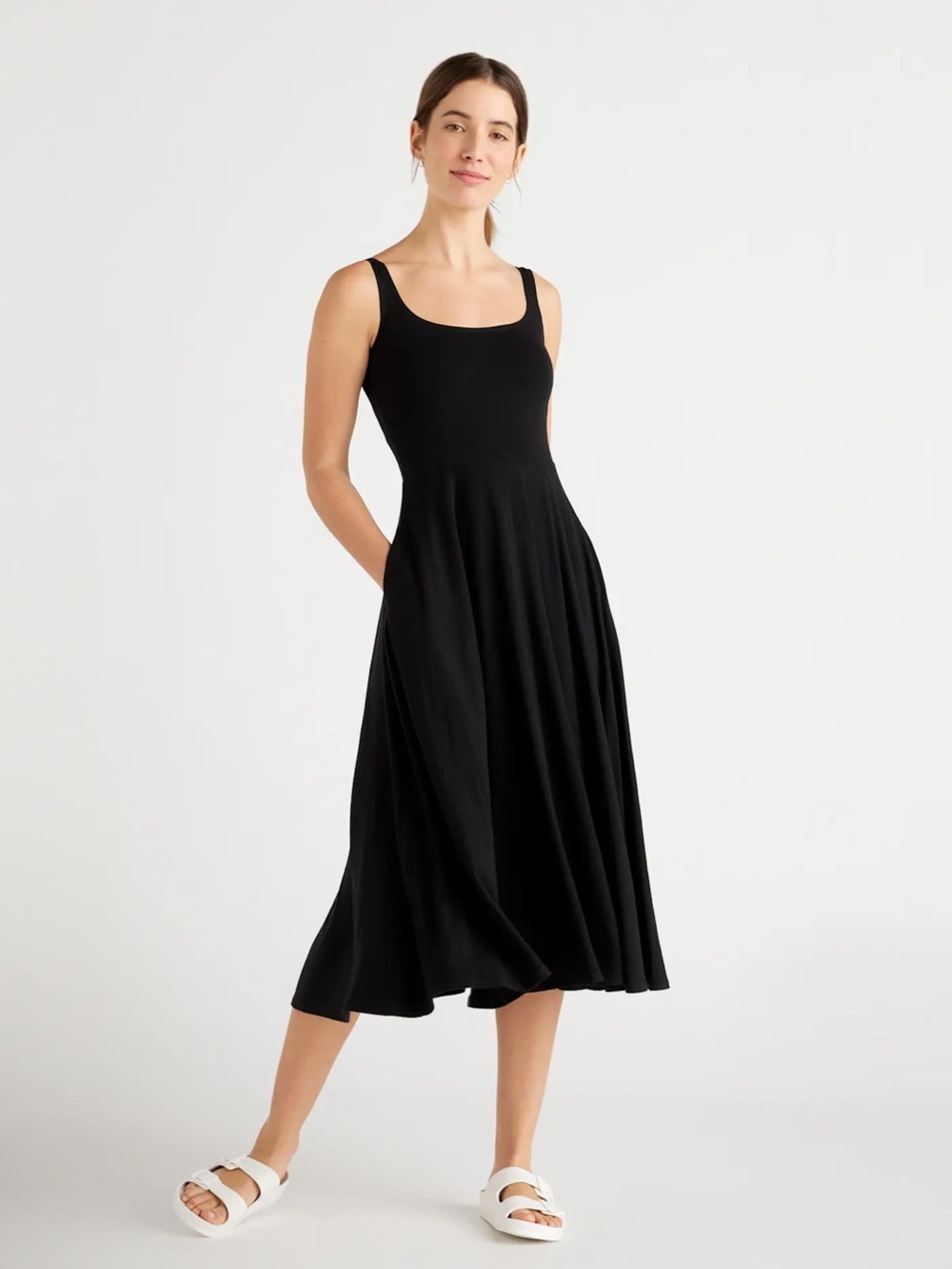 Quince black tencel jersey fit and flare midi dress minimalist quiet luxury